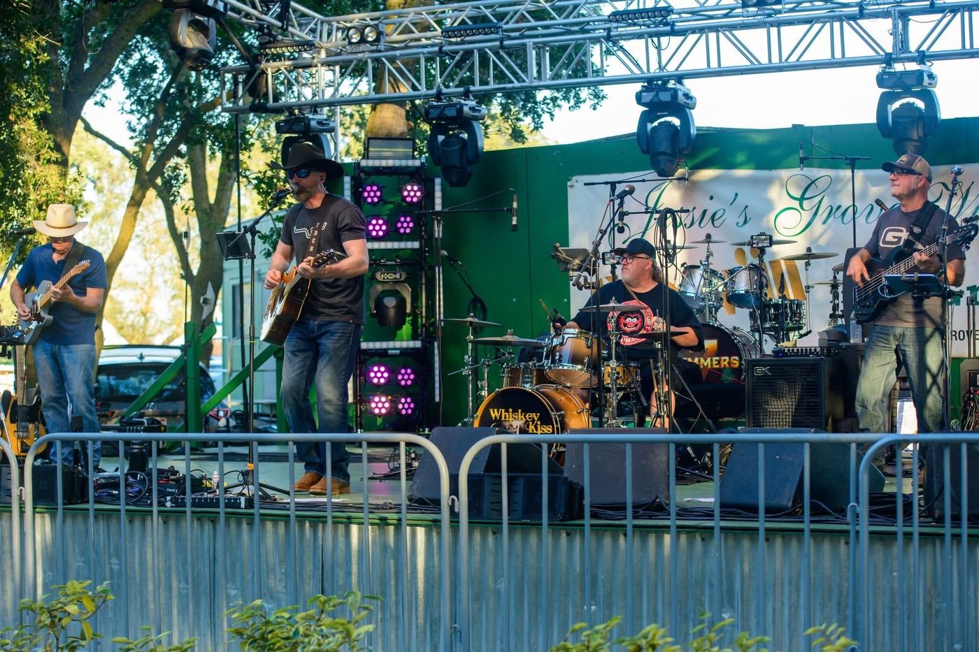 Whiskey Kiss performing as a full band on the stage at Jessie’s Grove Winery in Lodi