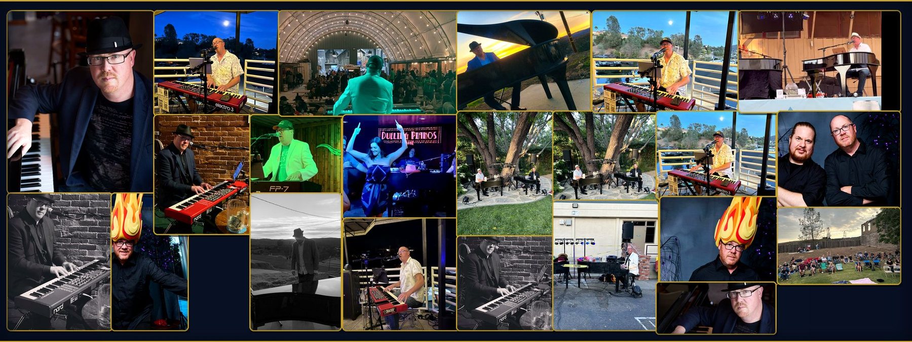 Photo collage of live piano, karaoke, and stage entertainment performances